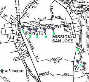 Figure 2: Map of Washington Township Wineries. Key: 1. Beard/Gallegos/ Palmdale Winery; 2. Grau-Werner (Los Amigos); 3. Rosa Bez; 4. DeVaux; 5. Riehr Winery; 6. McIver/Linda Vista Winery; and 7. Stanford/Weibel Winery.